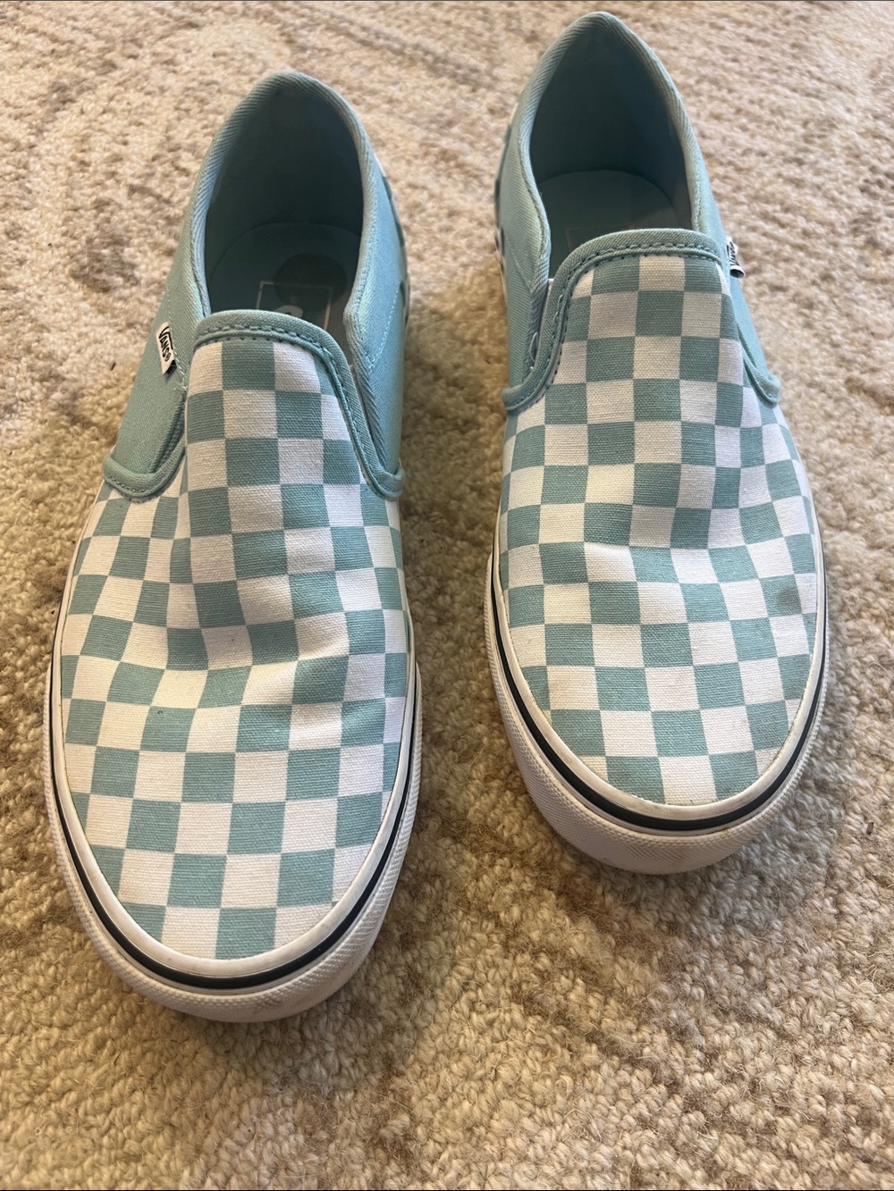 Vans women’s  Classic Slip-On Checkerboard Sneakers in Light Blue